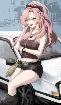 1girl alternate_costume amillion_(zenless_zone_zero) bare_shoulders belt black_bow black_shorts bow bracelet breasts car cellphone commentary_request earrings flip_phone green_eyes hair_bow heart heart_earrings heart_necklace highres holding holding_phone jewelry large_breasts leaning_against_vehicle long_hair looking_at_viewer mepo00100 midriff mole mole_on_breast mole_under_eye motor_vehicle navel necklace nicole_demara open_mouth phone pink_hair shorts solo stuffed_toy toyota toyota_sprinter_trueno zenless_zone_zero