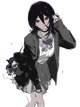 Rule 34 | 1girl, bag, bag charm, black choker, breasts, cardigan, chainsaw man, character charm, charm (object), choker, closed mouth, commentary request, cowboy shot, flower, green eyes, grenade pin, grey cardigan, grey skirt, hair between eyes, hair flower, hair ornament, highres, kuromi, light blush, medium breasts, medium hair, neck ribbon, pleated skirt, purple hair, purple ribbon, reze (chainsaw man), ribbon, shirt, shoulder bag, shuishuisama, sketch, skirt, smile, solo, white background, white flower, white shirt