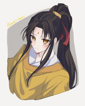 1boy bindi bishounen black_hair blush chinese_clothes closed_mouth commentary_request facial_mark forehead_mark grey_background hair_ribbon hanfu high_ponytail jin_ling long_hair looking_at_viewer male_focus modao_zushi nekohashi_ru parted_bangs ponytail red_ribbon ribbon sidelocks simple_background solo twitter_username upper_body white_background yellow_eyes yellow_hanfu yuanlingpao
