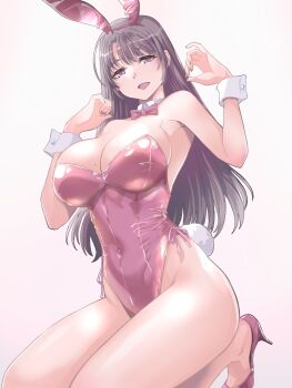 1girl absurdres animal_ear_hairband animal_ears bare_legs black_hair bow bowtie breasts commentary_request detached_collar fake_animal_ears hairband high_heels highres kneeling large_breasts leotard long_hair oota_satoshi_(miux) original playboy_bunny rabbit_ears rabbit_tail red_bow red_bowtie red_eyes red_leotard red_shoes shoes side-tie_leotard simple_background solo strapless strapless_leotard tail white_background wrist_cuffs