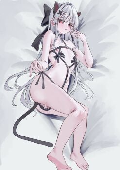 1girl absurdres animal_ears bed bikini black_bikini black_bow bow breasts cat_ears cat_tail character_request commentary_request copyright_request fake_animal_ears fake_tail highres looking_at_viewer m-chai nail_polish original panties pink_eyes pink_nails pussy red_eyes sex_toy small_breasts swimsuit tail underwear variant_set white_background white_hair