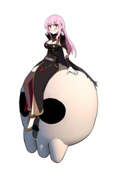 1girl 3d absurdres black_cape black_dress blush breasts cape cleavage collar ddolbang dress high_heels highres hololive hololive_english large_breasts long_hair looking_to_the_side mori_calliope mori_calliope_(1st_costume) pink_hair red_eyes sidelocks sitting skull smirk spiked_collar spikes virtual_youtuber white_background