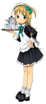 1girl ana_coppola barasui black_shoes blonde_hair blue_eyes blush carrying child exif_thumbnail_surprise female_focus full_body glass hand_on_own_hip holding holding_tray ichigo_mashimaro kettle legs long_hair looking_at_viewer lowres maid maid_headdress ribbon shoes simple_background solo standing tray waitress white_background