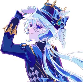 1girl arm_up blue_eyes blue_gemstone blue_hair blue_hat blue_jacket bow commentary_request drop-shaped_pupils from_behind furina_(genshin_impact) gem genshin_impact gloves hair_between_eyes hand_on_headwear hat hat_bow heterochromia highres jacket long_hair long_sleeves looking_at_viewer looking_back multicolored_hair parted_lips smile solo symbol-shaped_pupils tanishi_66 top_hat two-tone_hair upper_body white_background white_gloves white_hair