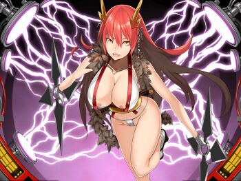 1girl areola_slip breasts dmm female_focus fundoshi gloves japanese_clothes large_breasts legs lightning long_hair looking_at_viewer machine multicolored_hair open_mouth socks solo standing thighs weapon yellow_eyes