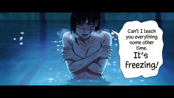 1girl bare_shoulders black_hair breasts breath chainsaw_man cleavage collarbone commentary covered_erect_nipples covering_privates crossed_arms english_commentary english_text highres icepowered medium_breasts mitaka_asa nude partially_submerged pool scar scar_on_face shaking short_hair speech_bubble topless_female trembling water yellow_eyes yoru_(chainsaw_man)