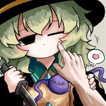 Rule 34 | 1girl, 1other, black eyes, black hat, blush, cheek poking, collared shirt, empty eyes, eyeball, frilled shirt collar, frills, green hair, hat, heart, heripantomorrow, holding, holding knife, knife, komeiji koishi, long sleeves, one eye closed, poking, shirt, spoken heart, stitched eye, stitches, third eye, touhou, upper body, wide sleeves, yellow shirt