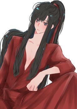 1boy absurdres androgynous arm_on_knee bishounen black_eyes black_hair blush chinese_clothes closed_mouth collarbone girly_boy hair_ribbon hanfu high_ponytail highres knee_up long_hair long_sleeves male_focus modao_zushi naruse_(kmk648) pectoral_cleavage pectorals ponytail red_hanfu red_ribbon ribbon robe sidelocks simple_background sitting solo very_long_hair wei_wuxian white_background wide_sleeves