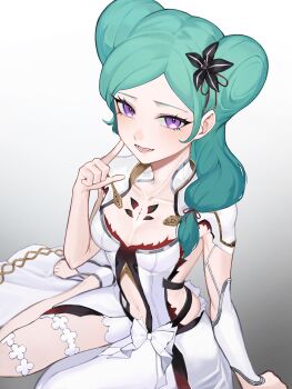 1girl absurdres asymmetrical_clothes beta_(inazuma_eleven) black_background black_flower blake_bloom_(wuthering_waves) blue_hair bodysuit breasts camellya_(wuthering_waves) camellya_(wuthering_waves)_(cosplay) check_commentary clothing_cutout collar collarbone commentary commentary_request cosplay double_bun dress flower gold_trim gradient_background hair_bun hair_flower hair_ornament highres inazuma_eleven_(series) inazuma_eleven_go inazuma_eleven_go_chrono_stone long_hair medium_breasts nakamasa21 navel navel_cutout open_mouth pants protocol_omega purple_eyes shoes sideless_outfit single_pantsleg smile solo tacet_mark_(wuthering_waves) thighhighs voice_actor_connection white_background white_bodysuit white_dress white_pants white_shoes white_thighhighs