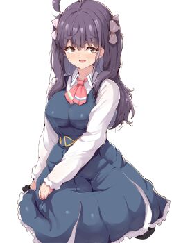 Rule 34 | 1girl, :d, black pantyhose, blush, breasts, chofu noriko, collared shirt, commentary request, dress, highres, ikizulive! love live! bluebird, large breasts, long sleeves, looking at viewer, love live!, neckerchief, no shoes, open mouth, orange eyes, pantyhose, pink neckerchief, purple hair, shinonon (iso shino), shirt, simple background, smile, solo, taut clothes, taut dress, thick eyebrows, white background, white shirt