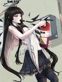 1girl 3_iq_tuna antenna_hair arknights artist_name ascot bare_arms bare_shoulders black_ascot black_eyes black_garter_straps black_hair black_halo black_skirt black_thighhighs black_wings blunt_bangs breasts bright_pupils broken_halo collared_jacket colored_inner_hair commentary covered_mouth cowboy_shot dark_halo detached_wings dutch_angle energy_wings english_commentary eyelashes fingernails fire_extinguisher from_side garter_straps grey_hair hallway halo hands_up highres hime_cut holding indoors jacket jazz_for_your_soul_(meme) large_variant_set long_hair looking_afar looking_ahead medium_breasts meme midriff miniskirt multicolored_hair navel pale_skin pleated_skirt self-harm shade shadow short-sleeved_jacket short_sleeves sidelocks skirt solo standing stomach thighhighs twitter_username two-tone_hair variant_set very_long_hair virtuosa_(arknights) walking wall wallpaper_(object) white_jacket white_pupils wing_collar wings you're_doing_it_wrong zettai_ryouiki