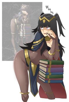 1girl :d black_hair black_nails blunt_bangs bodystocking book book_stack breasts cape cleavage commentary covered_navel english_commentary fire_emblem fire_emblem_awakening gluteal_fold highres interlocked_fingers laughing long_hair looking_to_the_side medium_breasts nintendo open_mouth own_hands_clasped own_hands_together pelvic_curtain photo-referenced photo_inset purple_eyes skinipik smile solo tharja_(fire_emblem) tiara twintails