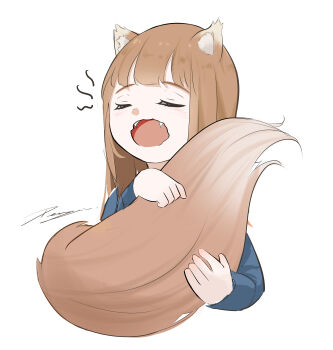 1girl absurdres animal_ears blue_shirt blunt_bangs blush brown_hair closed_eyes commentary cropped_torso fangs highres holding_own_tail holo long_hair long_sleeves open_mouth penguin_sensei_(artist) shirt signature simple_background sleepy solo spice_and_wolf straight_hair tail wavy_mouth white_background wolf_ears wolf_girl wolf_tail yawning