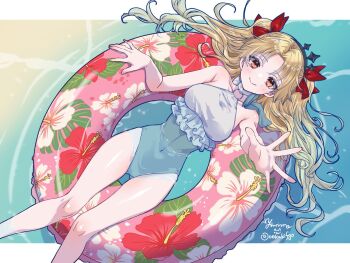 1girl blonde_hair breasts commentary_request commission covered_navel ereshkigal_(fate) ereshkigal_(swimsuit_beast)_(fate) fate/grand_order fate_(series) floating frilled_one-piece_swimsuit frills from_above innertube long_hair medium_breasts o-ring o-ring_swimsuit ocean on_innertube one-piece_swimsuit red_eyes signature skeb_commission smile swim_ring swimsuit yamuimo