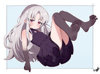 .hack//z.e.r.o. 1girl aura_(.hack//) barefoot black_dress blue_background blush boppin border closed_mouth commentary commission dress english_commentary feet foot_focus full_body grey_hair highres legs long_hair looking_at_viewer pixiv_commission purple_dress red_eyes sleeveless sleeveless_dress soles solo toes