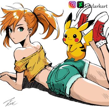 1girl :&lt; aqua_shorts artist_name ass bare_shoulders closed_mouth crop_top cropped_shirt denim denim_shorts feet_up gen_1_pokemon green_eyes green_shorts hair_between_eyes instagram_logo leeclarkart looking_at_viewer looking_back lying midriff misty_(pokemon) nintendo off-shoulder_shirt off_shoulder on_stomach orange_hair patreon_logo pikachu pokemon pokemon_(anime) pokemon_(classic_anime) pokemon_(creature) pokemon_rgby ponytail shirt shoelaces shoes short_shorts shorts side_ponytail simple_background sneakers the_pose twitter_logo white_background yellow_shirt