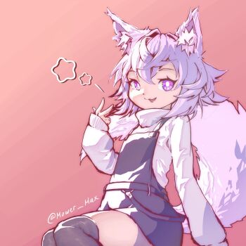 Rule 34 | 1girl, :3, animal ear fluff, animal ears, black overalls, black thighhighs, bright pupils, cat ears, cat girl, cat tail, commentary, english commentary, eyelashes, filian (vtuber), hair between eyes, hair intakes, highres, indie virtual youtuber, long sleeves, mint (vrchat), mower max, open mouth, overall shorts, overalls, pink background, purple eyes, shirt, short hair, simple background, sitting, smile, solo, star (symbol), tail, thighhighs, turtleneck, twitter username, virtual youtuber, w, white hair, white pupils, white shirt