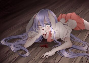 1girl aires2004630ef animal_ears blood blood_from_mouth blood_on_ground blood_on_hands crying highres imperishable_night on_floor rabbit_ears rabbit_girl rabbit_tail red_eyes red_skirt reisen_udongein_inaba ryona skirt spitting spitting_blood sweat tail touhou