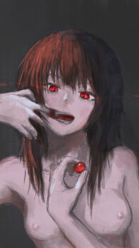 Rule 34 | absurdres, black background, black hair, breasts, commentary request, finger in own mouth, glowing, glowing eyes, highres, holding, kono subarashii sekai ni shukufuku wo!, medium hair, megumin, mouth pull, nipples, nobukingu, nude, open mouth, red eyes, small breasts, upper body