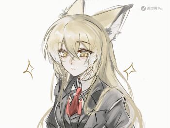 1girl animal_ears animated animated_gif arknights black_jacket blinking blonde_hair chinese_commentary closed_mouth commentary_request crossed_bangs expressionless hair_between_eyes jacket lapels long_hair looking_at_viewer multicolored_hair necktie portrait red_necktie simple_background solo sparkle streaked_hair vulpisfoglia_(arknights) watermark white_background white_hair yellow_eyes yongbaoyueliang