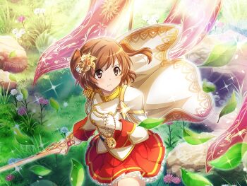 1girl aijou_karen armor brown_eyes brown_hair cape closed_mouth epaulettes flower frown game_cg hair_ornament holding holding_sword holding_weapon jacket long_sleeves looking_at_viewer official_art red_skirt short_hair shoujo_kageki_revue_starlight shoujo_kageki_revue_starlight_-re_live- shoulder_armor single_epaulette skirt solo sword two_side_up upper_body weapon white_cape white_jacket