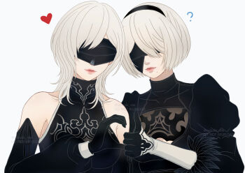 Rule 34 | 10h (nier reincarnation), 1girl, 2b (nier:automata), arm up, artist name, bare shoulders, black-framed eyewear, black dress, black gloves, blindfold, blue eyes, breasts, cleavage cutout, closed mouth, clothing cutout, commentary, covered eyes, cowboy shot, dress, english commentary, eyelashes, facing viewer, feather-trimmed sleeves, glasses, gloves, gluteal fold, grey hair, groin, highres, juliet sleeves, leotard, leotard under clothes, long sleeves, medium breasts, medium hair, mitsuki nite, mole, mole under mouth, nier:automata, nier (series), nier reincarnation, parted lips, pink lips, puffy sleeves, short hair, side slit, simple background, sleeveless, sleeveless sweater, solo, standing, sweater, sword, turtleneck, turtleneck sweater, twitter username, upper body, virtuous treaty, watermark, weapon, white background, white background1girl, white leotard