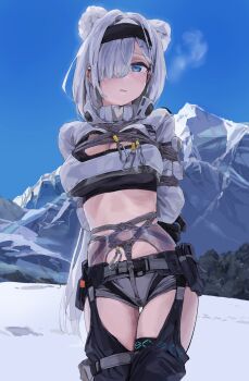 1girl a_tea animal_ears arknights arms_behind_back aurora_(arknights) bdsm belt blue_eyes bondage bound breasts cleavage_cutout clothing_cutout crop_top crotch_rope grey_hair grey_panties hair_over_one_eye highres large_breasts long_hair looking_at_viewer mountain outdoors panties shibari shibari_over_clothes shrug_(clothing) skindentation snow solo standing stomach thigh_gap thigh_strap underwear very_long_hair winter winter_clothes