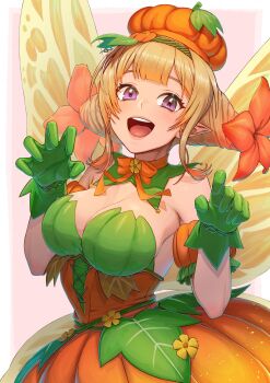 1girl aduti_momoyama blonde_hair breasts cleavage dress fairy_wings fire_emblem fire_emblem_heroes flower gloves green_gloves hair_flower hair_ornament hairband hat highres large_breasts nintendo off-shoulder_dress off_shoulder official_alternate_costume open_mouth orange_dress peony_(fire_emblem) peony_(fruitful_dream)_(fire_emblem) pumpkin_hat purple_eyes smile solo strapless strapless_dress teeth upper_body upper_teeth_only wings