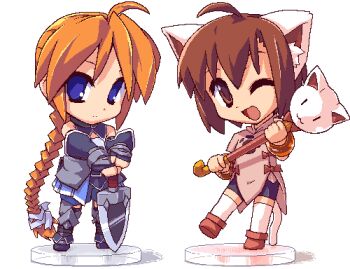 Rule 34 | 2girls, ahoge, animal ears, armor, bike shorts girl (tomoshibi hidekazu), blonde hair, braid, brown hair, cat ears, chibi, faux figurine, figure, girl with a blonde braid (tomoshibi hidekazu), imageboard colors, lowres, multiple girls, nendoroid, oekaki, one eye closed, original, redrantem, staff, sword, tail, tomoshibi hidekazu, weapon