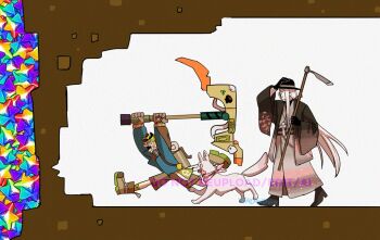 Rule 34 | 1boy, 1girl, @ @, black gloves, brown gloves, brown shorts, digging for diamonds (meme), dog, fate/grand order, fate (series), fedora, glasses, gloves, grey kimono, hanasaka no okina (fate), haori, hat, holding, holding hoe, holding pickaxe, japanese clothes, kimono, meme, pickaxe, profile, saint quartz (fate), shorts, van gogh (fate), van gogh (miner) (fate), yehlawd