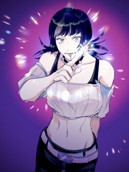 1girl absurdres androgynous arm_behind_back black_hair black_jacket black_pants black_tank_top blunt_bangs blunt_sidelocks breasts cheek_piercing collar collarbone cowboy_shot cropped_sweater eyelashes face_piercing female_focus grey_eyes grey_hair highres hoshi_kirara inu_yougan jacket jujutsu_kaisen linea_alba lip_piercing magic medium_breasts medium_hair mouth_piercing multicolored_hair navel off-shoulder_sweater off_shoulder open_mouth pants parted_lips photokinesis piercing sidelocks simple_background solo sparkle spiked_collar spikes star-shaped_pupils star_(symbol) streaked_hair sweater symbol-shaped_pupils tank_top teeth upper_teeth_only white_background