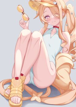 Rule 34 | 1girl, above-cleavage cutout, absurdres, animal ears, blonde hair, blue archive, clothing cutout, commentary, cross halo, diamond cutout, fox ears, fox girl, hair over one eye, halo, highleg, highleg one-piece swimsuit, highres, holding, holding removed eyewear, jacket, knees up, korean commentary, looking at viewer, official alternate costume, one-piece swimsuit, orange-tinted eyewear, sandals, seia (blue archive), seia (swimsuit) (blue archive), side ponytail, sitting, smile, solo, sunglasses, swimsuit, tinted eyewear, unworn eyewear, visor cap, white one-piece swimsuit, wxjn4348, yellow halo, yellow jacket, yellow sandals, yellow visor