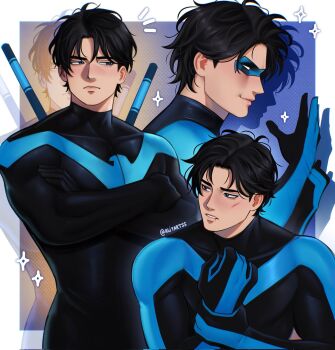 1boy aliyartss arms_up batman_(series) ben-day_dots black_hair blue_mask bodysuit border closed_mouth commentary covered_collarbone covered_pectorals crossed_arms dc_comics dick_grayson eye_mask frown hand_on_own_wrist hashtag-only_commentary highres looking_to_the_side mask multiple_views nightwing notice_lines outside_border parted_hair parted_lips pectorals profile screentones short_hair sideways_glance sparkle sparkling_aura teeth white_border zoom_layer