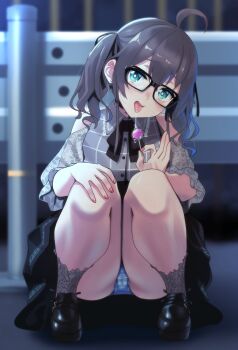 1girl ahoge aqua_eyes black-framed_eyewear black_ribbon black_shoes black_skirt blue_panties brown_hair cameltoe candy clothing_cutout commentary_request earrings food glasses grey_shirt hair_ribbon hand_on_own_knee high-waist_skirt highres holding holding_candy holding_food holding_lollipop hololive jewelry lace lace_sleeves loafers lollipop looking_at_viewer nail_polish natsuiro_matsuri natsuiro_matsuri_(casual) neck_ribbon night outdoors panties pantyshot pink_nails plaid_clothes plaid_shirt red_nails ribbon saliva saliva_trail see-through_clothes see-through_sleeves shirt shoes shoulder_cutout skirt socks solo squatting striped_clothes striped_panties tongue tongue_out twintails underwear virtual_youtuber zabudog777