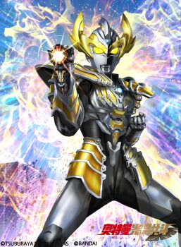 Rule 34 | 1boy, alien, armor, aura, blue gem, blue sky, breastplate, building, city, cityscape, clenched hands, color timer, colored skin, commentary, copyright logo, copyright notice, cowboy shot, day, debris, dorsal fin, energy, forehead jewel, gauntlets, gem, giant, giant male, glint, glowing, glowing eyes, gold armor, gold aura, gold horns, grey skin, hand up, highres, horns, legs apart, logo, looking at viewer, male focus, masukudo (hamamoto hikaru), multicolored skin, no pupils, official art, outdoors, pectorals, shoulder armor, silver skin, sky, solo, sparkle, standing, taiga spark, tokusatsu, toned, toned male, two-tone skin, ultra series, ultraman taiga, ultraman taiga (photon earth), ultraman taiga (series), wrinkled skin, yellow eyes