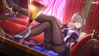 Rule 34 | 1girl, black pantyhose, breasts, brown hair, chinese commentary, commentary request, copyright logo, cup, dress, game cg, gloves, hair over one eye, high heels, highres, honkai (series), honkai impact 3rd, logo, medium breasts, official art, pantyhose, purple dress, purple eyes, rita rossweisse, rita rossweisse (miss espionage), short hair, single glove, sitting, skindentation, smile, solo, thigh strap, thighs