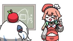 >_< 1boy 2girls :d >_< ? @_@ animal animalization animated apple apple_on_head arrow_(symbol) audible_music audible_speech beret bird black_footwear blonde_hair blue_eyes blue_hair blush chalkboard chef_hat chicken closed_eyes confused detached_sleeves english_audio english_text food food_on_head fruit fruit_on_head gawr_gura gradient_hair green_hair hair_behind_ear hair_ornament hat highres hololive hololive_english jojo_no_kimyou_na_bouken kangaroo laughing leaning_forward looking_down math meme misunderstanding multicolored_hair multiple_girls navel object_on_head open_mouth orange_headwear orange_skirt pointing pointing_up rudolph_von_stroheim school_uniform serafuku shark_hair_ornament silver_hair skirt smile sound space space_cat_(meme) streaked_hair sweat nervous_sweating takanashi_kiara two_side_up upside-down video virtual_youtuber vtuber_animations white_headwear xd