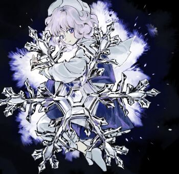 Rule 34 | 1girl, absurdres, black background, blue vest, commentary request, from side, full body, highres, kaigen 1025, letty whiterock, looking at viewer, medium hair, purple eyes, purple hair, shirt, skirt, snowflakes, solo, touhou, triangular headpiece, vest, white shirt