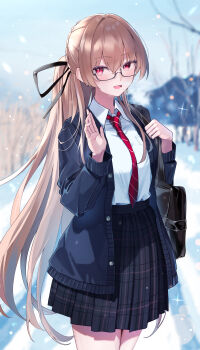 1girl absurdres azur_lane bag black_jacket black_ribbon black_skirt blonde_hair breasts collared_shirt commentary_request cowboy_shot glasses hair_ribbon highres jacket large_breasts long_hair looking_at_viewer necktie official_alternate_costume open_clothes open_jacket open_mouth outdoors pink_eyes plaid_clothes plaid_skirt pleated_skirt ponytail red_necktie ribbon rubisco school_bag school_uniform semi-rimless_eyewear shirt shirt_tucked_in skirt snowing solo striped_clothes striped_necktie swiftsure_(azur_lane) swiftsure_(study_hall_cyclamen)_(azur_lane) under-rim_eyewear white_shirt