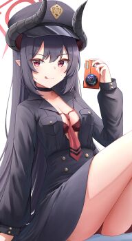 1girl :q absurdres black_choker black_hair black_horns blue_archive blush bra breasts camera chiaki_(blue_archive) choker cleavage closed_mouth demon_girl demon_horns gehenna_academy_logo halo hat highres holding holding_camera horns kuneamorai lace lace-trimmed_bra lace_trim long_hair long_sleeves looking_at_viewer loose_necktie necktie open_clothes open_shirt panties pantyshot peaked_cap peroro_(blue_archive) pointy_ears red_bra red_eyes red_halo red_necktie simple_background sitting smile thighs tongue tongue_out underwear white_background