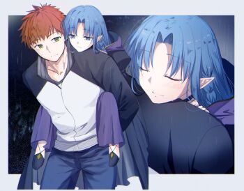 1boy 1girl age_difference alternate_universe black_jacket blue_eyes blue_hair braid carrying carrying_person commentary_request commission dress emiya_shirou fate/stay_night fate_(series) hetero highres jacket lifting_person long_hair looking_at_another mct medea_(caster)_(fate) medea_(fate) night night_sky orange_hair outdoors pointy_ears purple_lips raglan_sleeves rain red_hair role_reversal second-party_source side_braid size_difference skeb_commission sky smile water_drop wet wet_clothes white_jacket witch