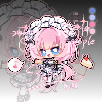 Rule 34 | 1girl, apron, black dress, black horns, blue eyes, cake, cake slice, chibi, chibi only, chinese commentary, commentary request, commission, dated, dress, elysia (honkai impact), elysia (miss pink) (honkai impact), elysia (miss pink elf) (honkai impact), fake horns, food, gloves, highres, holding, holding plate, honkai (series), honkai impact 3rd, horns, long hair, looking at viewer, maid, maid apron, maid headdress, musical note, official alternate costume, pink hair, plate, qiao meng, sample watermark, smile, solo, spoken musical note, thighhighs, very long hair, watermark, white apron, white gloves, white thighhighs, zoom layer