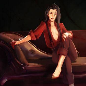 Rule 34 | 1girl, black hair, blood, blood from mouth, blood on hands, celine (kpop demon hunters), collared shirt, commentary, crossed legs, eyeshadow, green nails, highres, kpop demon hunters, long hair, looking at viewer, makeup, parted lips, quentims, red eyeshadow, red shirt, shirt, sidelighting, solo, suspenders