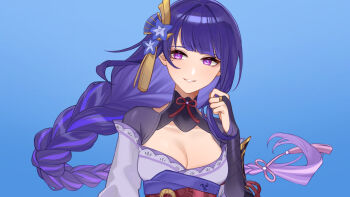 1girl asymmetrical_sleeves blue_background blue_pupils blunt_bangs braid breasts bridal_gauntlets cleavage clothing_cutout collarbone commentary_request fan_hair_ornament flower flower_ornament genshin_impact gradient_background gradient_hair hair_ornament hair_ribbon happy head_tilt japanese_clothes kimono large_breasts leaning_to_the_side long_braid looking_at_viewer looking_to_the_side mole mole_under_eye momonga_damon multicolored_eyes multicolored_hair neck_ribbon off_shoulder parted_bangs pink_lips purple_eyes purple_flower purple_kimono purple_ribbon raiden_shogun red_ribbon red_sash ribbon sash shade shoulder_cutout simple_background single_braid smile solo standing star_(symbol) streaked_hair uneven_sleeves wide_sleeves
