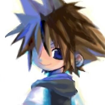 1boy artist_request bad_id blue_eyes brown_eyes brown_hair closed_mouth commentary_request hood hood_down kingdom_hearts kingdom_hearts_i looking_back lowres male_focus one_eye_in_shadow short_hair simple_background smile solo sora_(kingdom_hearts) spiked_hair white_background