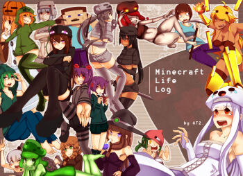 &gt;_&lt; 2boys 6+girls :o absurdres ander_(at2.) arrow_(projectile) at2. barefoot black_footwear black_gloves black_hair black_headwear black_legwear blaze_(minecraft) blonde_hair blue_shirt blunt_bangs blush book bow_(weapon) bowl_cut breasts brown_eyes brown_hair cave_spider cleavage closed_mouth collarbone colored_skin creeparka creeper crop_top crossed_arms cupa_(at2.) dark-skinned_female dark_skin doll_joints elbow_gloves enderman fingerless_gloves garter_straps genderswap genderswap_(mtf) ghast gloves green_eyes green_hair green_hoodie green_legwear green_skin grey_eyes grey_gloves grey_hair grey_legwear grey_shorts grey_skin grin hair_bobbles hair_ornament hat herobrine high_heels highres holding holding_arrow holding_book holding_bow_(weapon) holding_weapon hood hoodie iron_golem_(minecraft) jack-o&#039;-lantern joints large_breasts long_hair long_sleeves looking_at_viewer looking_away magma_cube minecraft mob_talker monster_girl multiple_boys multiple_girls navel orange_hair pantyhose parted_lips personification ponytail potion purple_eyes purple_hair reading red_eyes red_hair shiny_clothes shiny_legwear shirt short_hair short_shorts short_sleeves short_twintails shorts silverfish_(minecraft) sitting skeleton_(minecraft) slime_(minecraft) slime_girl smile snow_golem_(minecraft) steve_(minecraft) teeth thighband_pantyhose thighhighs twintails very_long_hair villager_(minecraft) weapon white_gloves white_hair witch_(minecraft) witch_hat wither_skeleton_(minecraft) yaebi_(at2.) yellow_eyes zombie_(minecraft) zombified_piglin