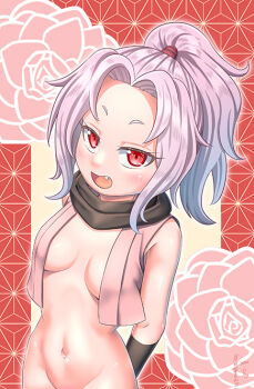 1girl aged_up alternate_breast_size_(larger) arms_behind_back black_scarf blush breasts cg_pen dutch_angle eyelashes fang female_focus kunoichi_tsubaki_no_mune_no_uchi looking_at_viewer looking_up medium_breasts medium_hair naked_vest navel nose open_mouth out-of-frame_censoring petite pink_background pink_vest ponytail purple_hair red_background red_eyes sazanka_(kunoichi_tsubaki_no_mune_no_uchi) scarf simple_background smile solo standing three-toned_background upper_body vest yellow_background
