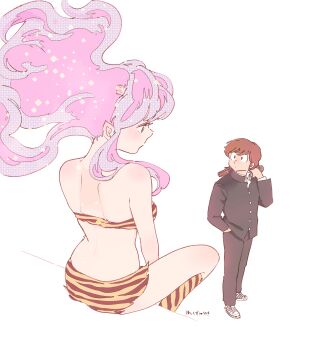 1boy 1girl absurdres animal_print ass bag bikini black_eyes black_jacket black_pants boots brown_hair closed_mouth cone_horns from_behind full_body hand_in_pocket highres holding holding_bag horns jacket knee_boots long_hair looking_at_another lum miyuki_(hoshikuzumiyuki) moroboshi_ataru pants pink_hair pointy_ears print_bikini print_boots school_bag school_uniform shoes short_hair sidelocks signature simple_background sitting standing swimsuit tiger_print urusei_yatsura white_background white_shoes