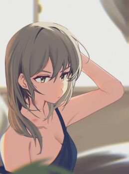 1girl absurdres blue_camisole breasts camisole chinese_commentary chromatic_aberration cleavage closed_mouth commentary_request girls_band_cry grey_eyes grey_hair haidao_mao hair_between_eyes hand_up hickey highres kawaragi_momoka long_hair looking_at_viewer sidelocks single_off_shoulder solo upper_body