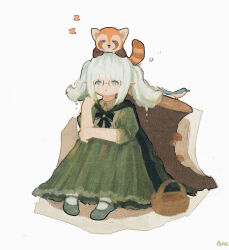 Rule 34 | 1girl, absurdres, ame rain, animal, animal on head, apple, basket, bird, cape, dress, final fantasy, final fantasy xiv, flat chest, food, frilled dress, frills, fruit, glasses, green cape, green dress, green footwear, green hair, highres, lalafell, leaning on object, mushroom, on head, pointy ears, red panda, shadow, simple background, sitting, sleeping, solo, tree stump, twintails, warrior of light (ff14), white background, zzz